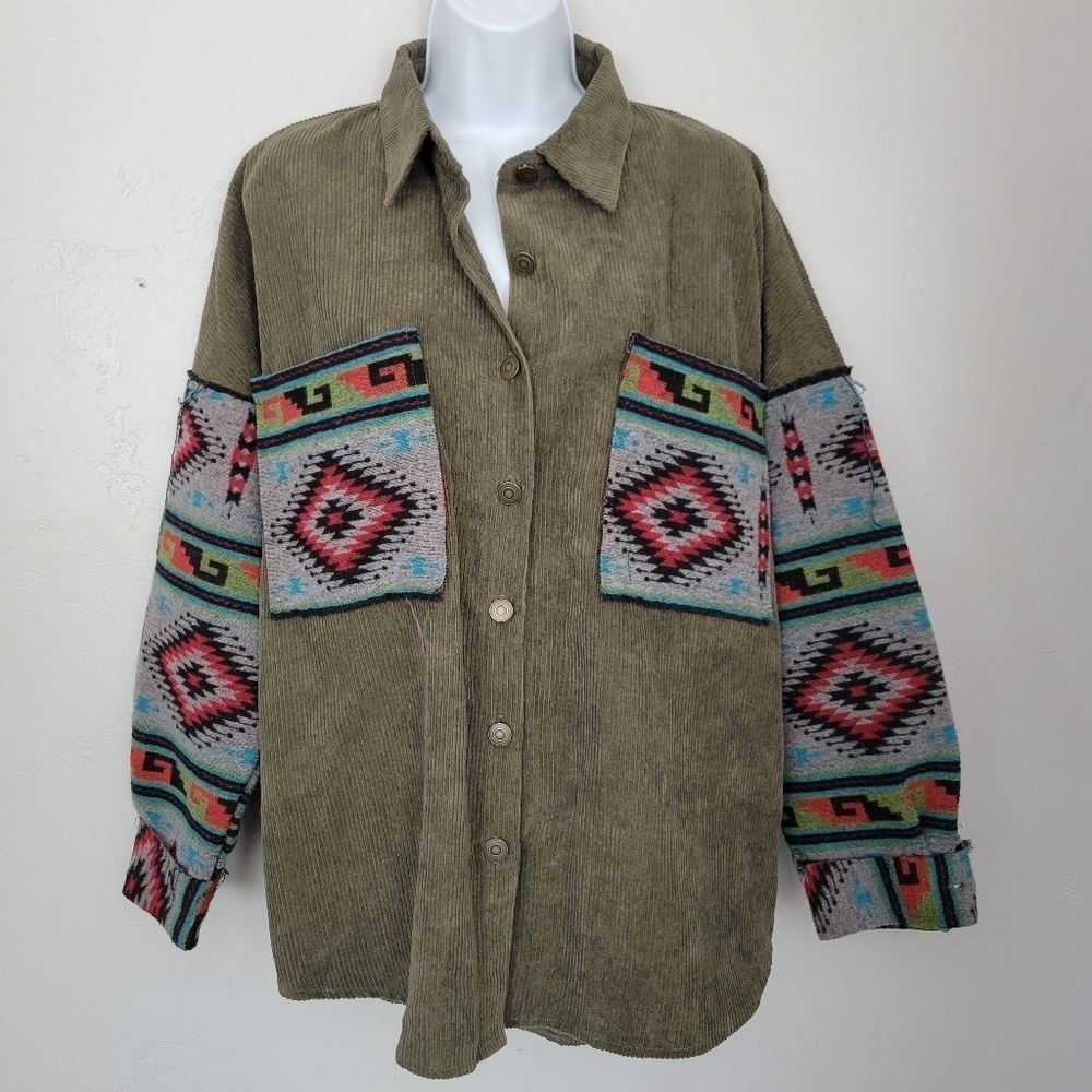 La Miel Women's Small Olive Green Ribbed Corduroy Shacket Button Front Aztec